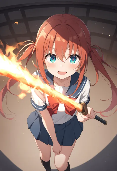 anime girl with a sword in her hand and a fire in her hand