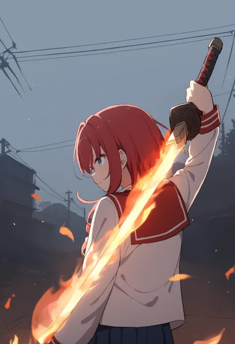 1girl,sincos, ningen mame, toosaka asagi,solo,medium breasts,school uniform,
flaming sword, holding sword, holding weapon,<lora:flamingsword_XL_v1:0.7>
fire, flaming weapon, glowing weapon, glowing sword, flame,
from behind, upper body, looking away, red hair, white eyes,grimace, power lines, closed mouth, bob cut hair,,
best quality, very aesthetic, absurdres