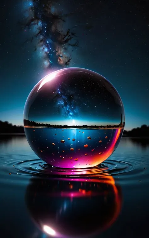 vivid colours radiate from a sphere of glass, partially submerged in water, night, stars