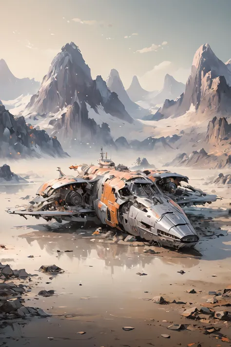 (one long big disassembled spaceship lies on the side on the ground:2),
(destroyed:2),(debris:2),dusk,mountain peak,ice peaks,
rim light,big lake,reflections,
quality eyeshadow,background details,strong rim light,intense shadows,sun rays,light beams,complementary colors,<lora:SpaceCraft_XL>,<lora:guofengchahua_xl:1>,