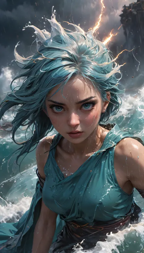 a woman with blue hair and a blue dress in the ocean