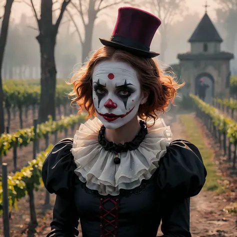 A place with a morbid look that resembles a funeral, (foggy:1.2), silhouetted in soft shadow (full body photograph:1.2) (French Wine colored clown outfit:1.3) (beautiful supermodel:1.1) looking over her shoulder detailed background bokeh <lora:add-detail-xl:1>