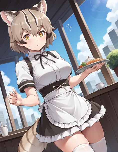 anime girl in maid outfit holding a plate of food