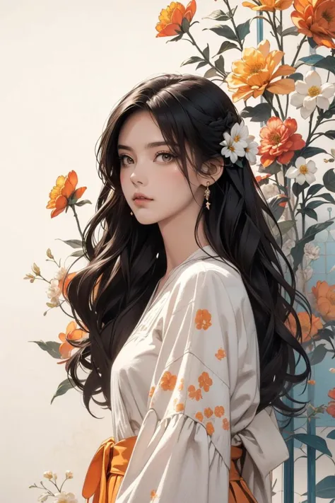 anime opening, (1girl), solo, a dreamscape aesthetic in Apricot orange theme atmosphere, mosaic background, flowers, (wallpaper style), movie trailer, cinematic, screencap, still shot, true perception, comfortable, melancholy,  Painted poster 