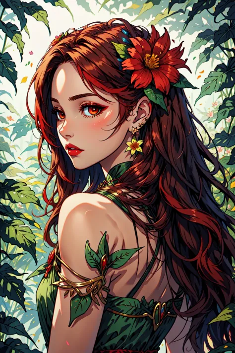 FeoDusk, 1girl, solo, long hair, brown hair, hair ornament, bare shoulders, jewelry, flower, red hair, earrings, looking back, h...