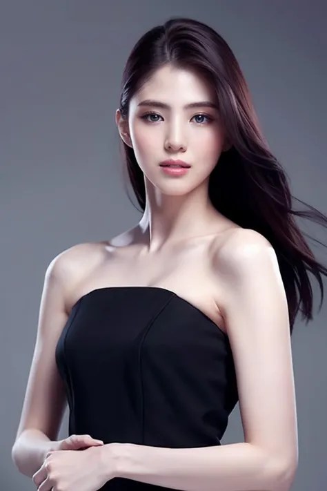 (realistic), (hyperrealism),best quality, masterpiece,ultra high res, (photorealistic:1.4),1girl, simple gray background, formal dress,
upper body,<lora:makina69_hansohee_v2.4:1>