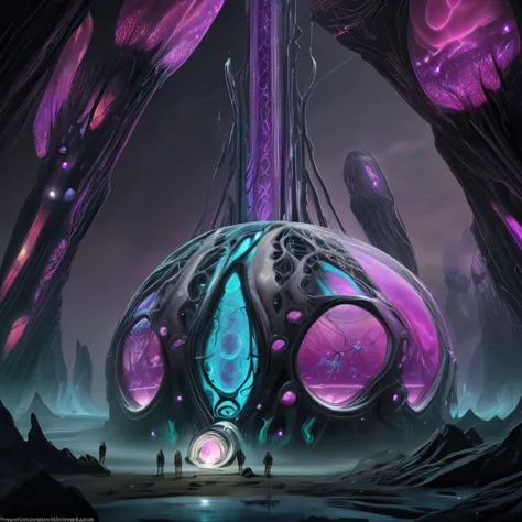 a futuristic sci - fiore with a giant purple object in the middle