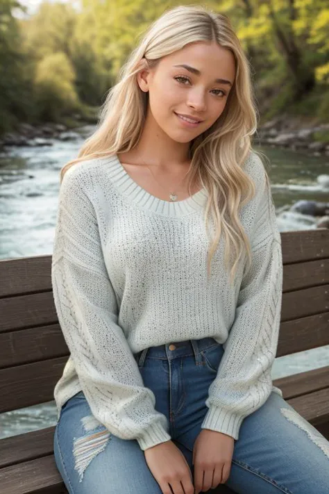 a woman sitting on a bench in front of a river