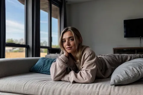 arafed woman laying on a couch in a living room with a large window