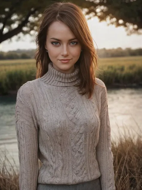 a woman in a turtle neck sweater standing by a river