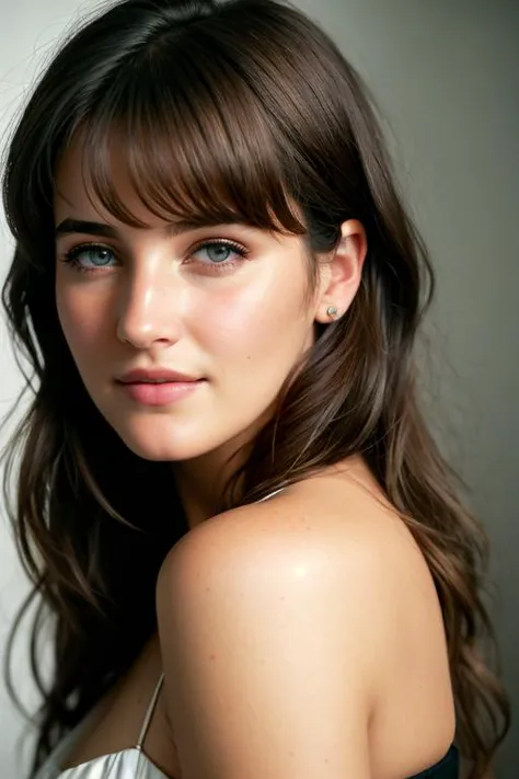 a close up of a woman with long hair and a white dress