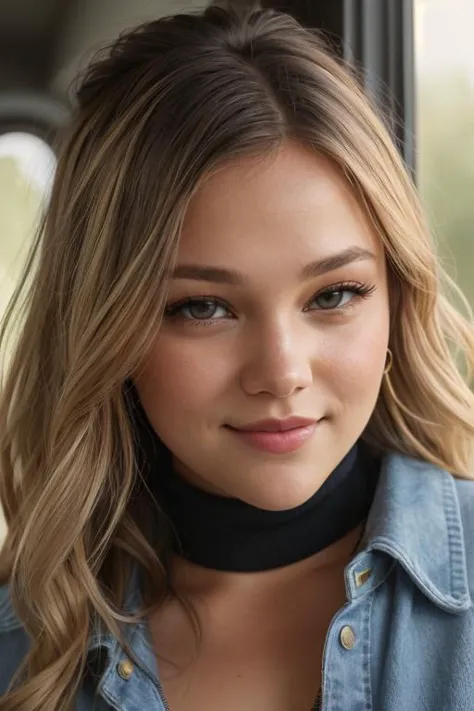 a close up of a woman with a denim shirt and a black choker