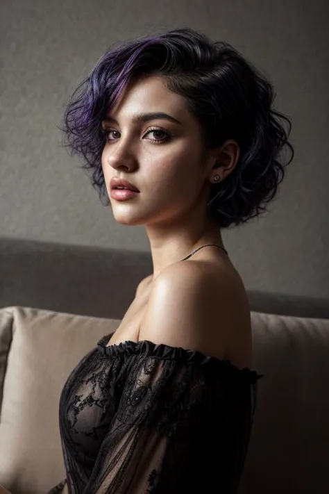 a woman with purple hair sitting on a couch in a black dress