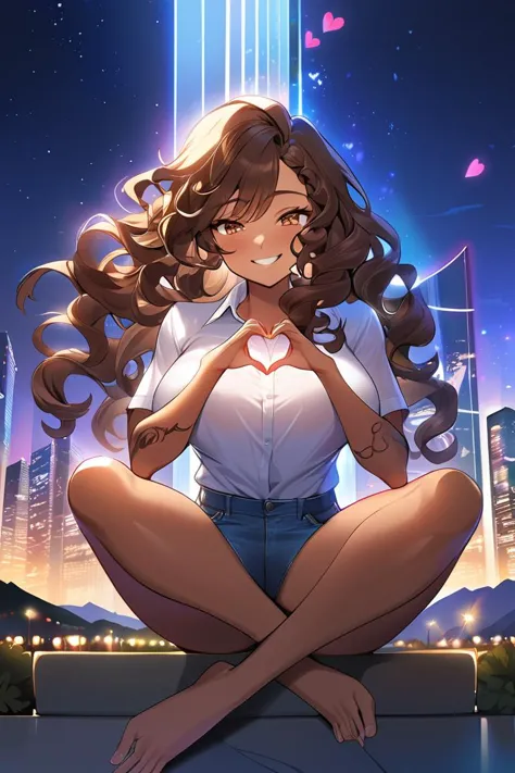 (masterpiece, best quality), llustration of a woman, (long hair), (curly hair), (brown hair), dark skin, tan, face shadow, finely detailed, loose shirt, jeans medium breasts, original, highres, (night landscape), (modern background), majestic aesthetic, fi...