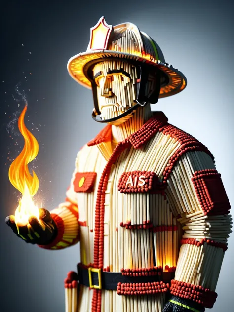 there is a lego fireman holding a lit matchstick