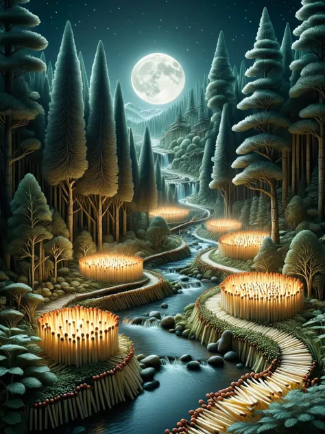 An ancient forest scene, with towering trees and a meandering stream, with everything entirely made of ais-matches, under moonlight <lora:Matches_Style_SDXL:1>