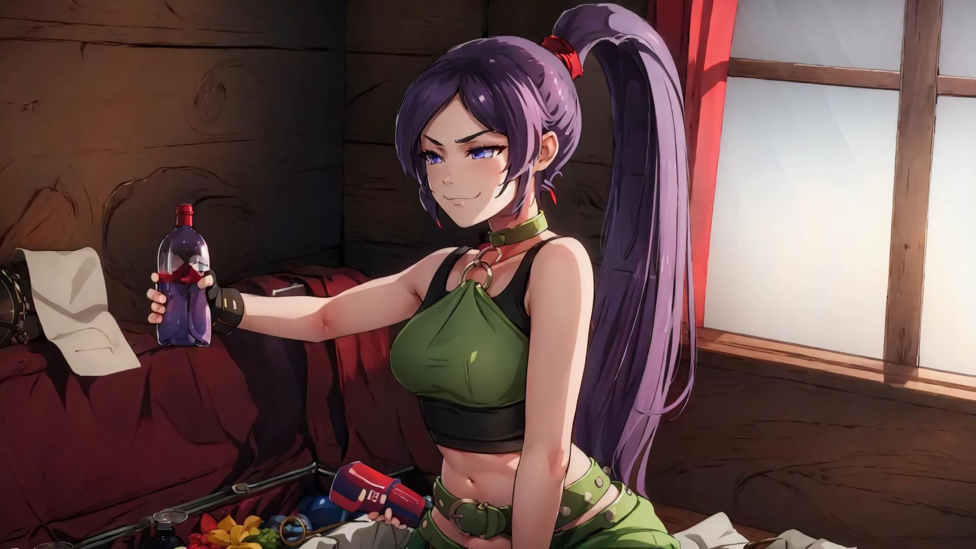 frierenthrilled, smug, (holding, holding bottle:1.15), outstretched arm, BREAK, dq11martina, high ponytail, crop top, o-ring, fingerless gloves, shorts, choker, belt, bare shoulders, midriff, (smug:1.15), BREAK,, masterpiece, best quality, extremely detailed, highly quality, 4k, sharp focus, professional, sharp focus, award winning, cinematic lighting, octane render, unreal engine, volumetrics dtx, Wallpaper,