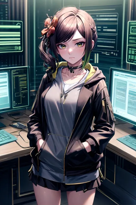 (masterpiece, best quality, detailed), 1girl, solo, looking at viewer, chiori, hair ornament, flower, hair flower, long hair, choker,
<lora:HackedTech-20:1.1>, hackedtech, data stream, green hues, black hoodie, hoodie, leather, indoors, office, desk, office chair, hands in pockets, closed mouth, expressionless