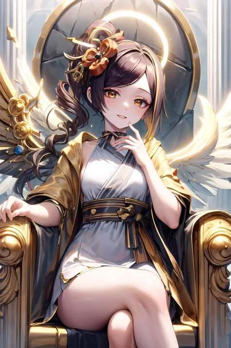 (masterpiece, best quality, detailed), 1girl, solo, looking at viewer, chiori, hair ornament, flower, hair flower, choker,
blessedtech, blessed, aura, medieval, angel, feathered wings, halo, white dress, indoors, throne room, throne, pillar, banner, gold, stone wall, sitting, crossed legs, smile, parted lips, happy