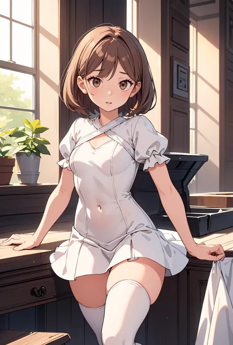 (masterpiece, best quality), 1girl,   <lora:Edel_from_Frieren:0.8> Edel is an amazing girl, Light brown hair, bob hair, splashed hair tips, center part bangs, brown eyes, slant eyes, droopy eyes, , white one-piece, white mini skirt one-piece,  white one-piece dress, puffy sleeves, short sleeves, black thighhigh boots,