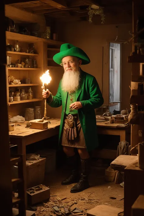 Leprechaun: A wizened old Leprechaun with a mischievous twinkle in his eyes,dressed in a worn green leather kilt and a tricorn h...