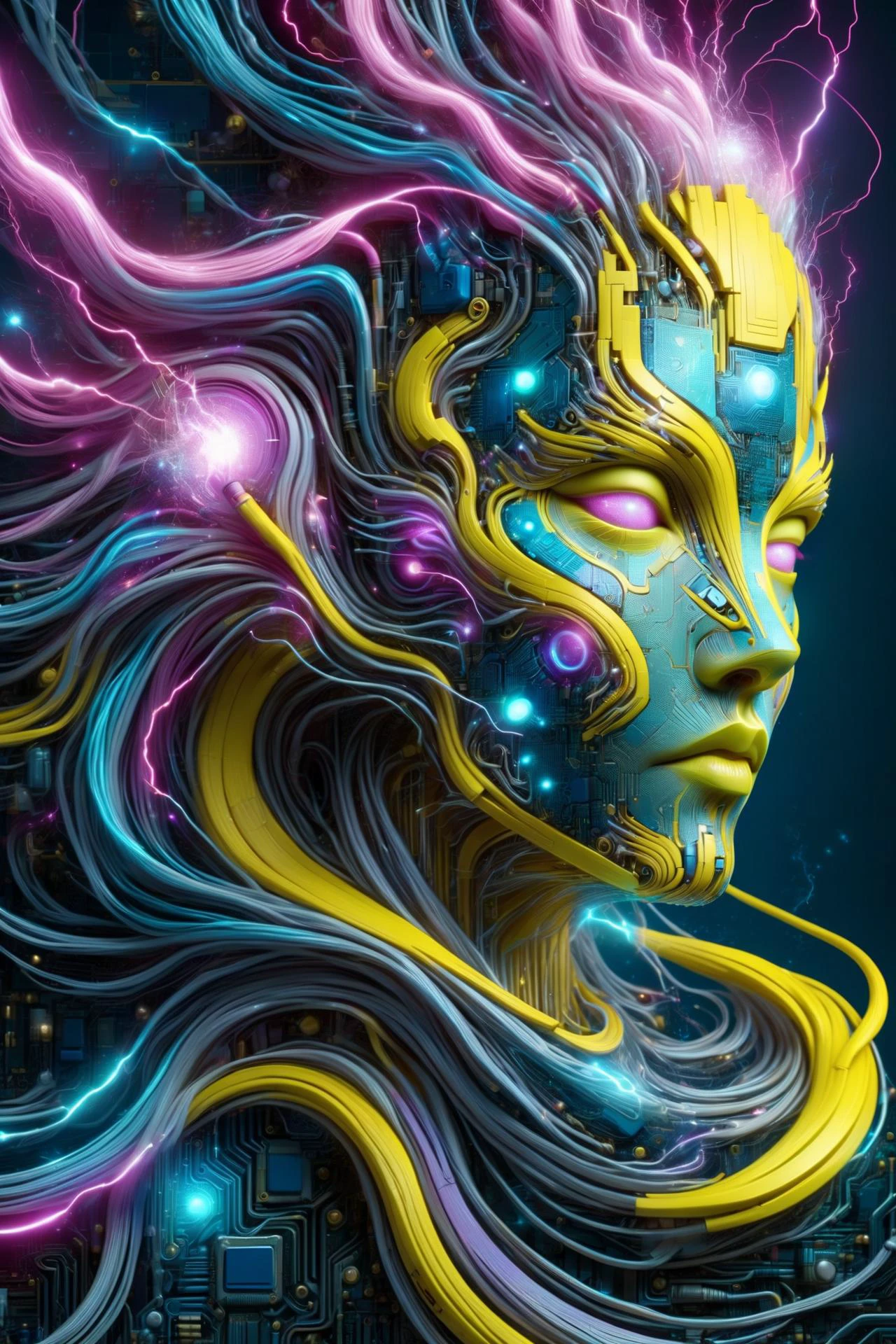 由 ral-semiconductor 製成的亞倫·霍基 (aaron horkey) 風格的女性頭像, 阿爾方斯·穆夏 DonMW15pXL 的風格, 霓虹黃色閃電, 霓虹青色閃電, 霓虹洋紅色閃電, 漂浮的, 星體, (傑作:1.2), 最好的品質, (超詳細, 最詳細的:1.2), 高解析度紋理