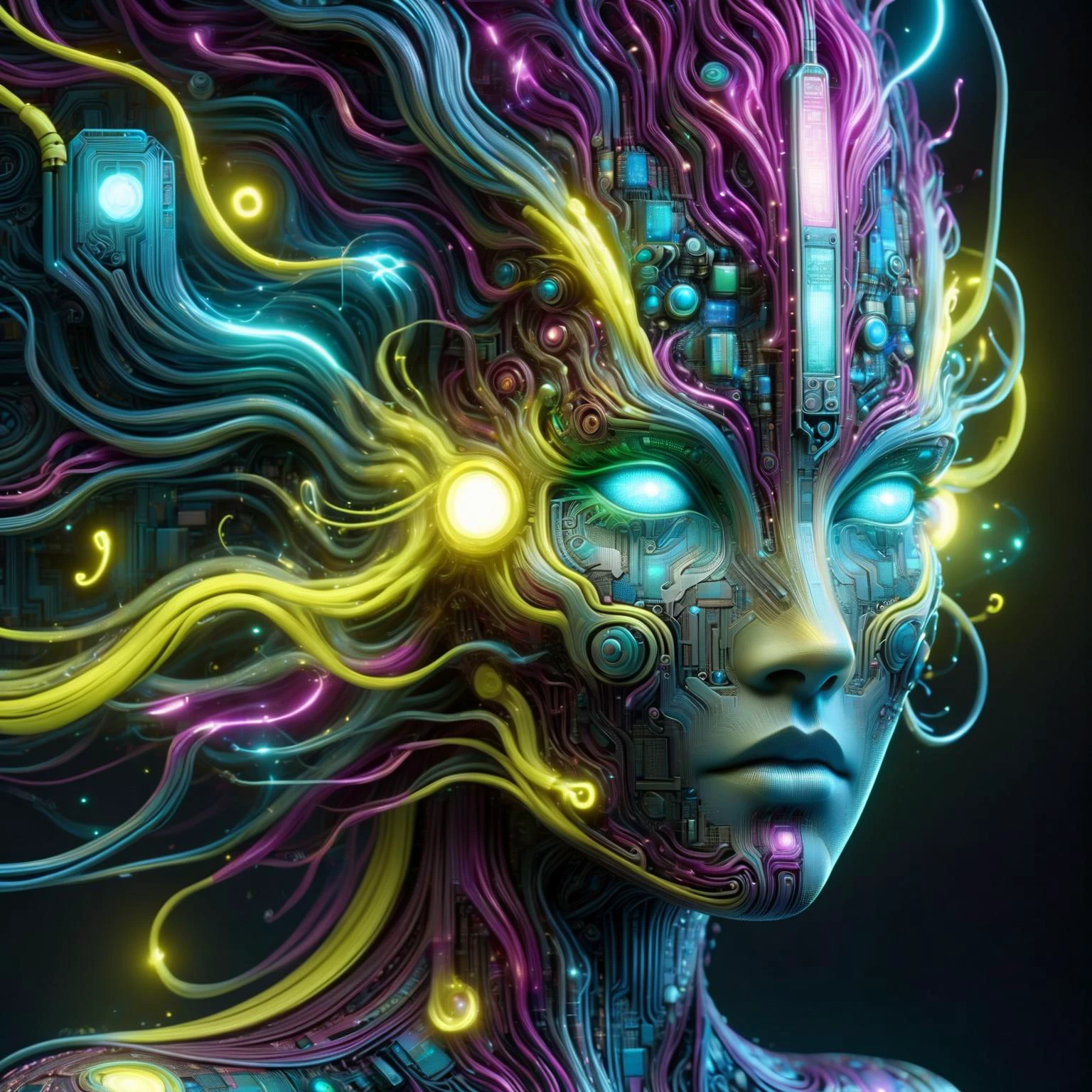 голова женщины из рал-полупроводника в стиле Аарона Хорки, в стиле Альфонса Мухи DonMW15pXL, неоново-желтая молния, неоново-бирюзовая молния, неоново-пурпурная молния, Плавающий, астральный, (шедевр:1.2), Лучшее качество, (гипердетализированный, максимально подробный:1.2), текстуры высокого разрешения