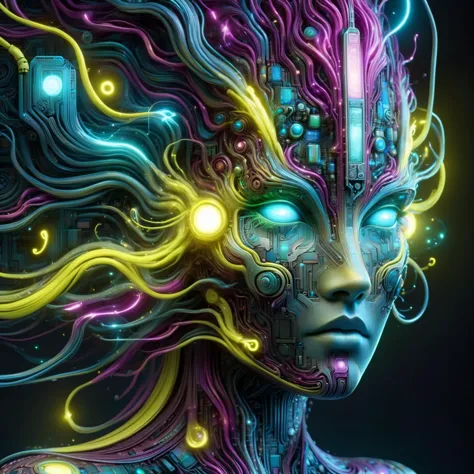 the head of a woman made of ral-semiconductor in the style of aaron horkey, in the style of alphonse mucha <lora:DonMW15pXL-000008:1> DonMW15pXL, neon yellow lightning, neon teal lightning, neon magenta lightning, floating, astral, <lora:ral-semiconductor-sdxl:0.6> <lora:EnvyBetterHiresFixXL01:1>, (masterpiece:1.2), best quality, (hyperdetailed, highest detailed:1.2), high resolution textures