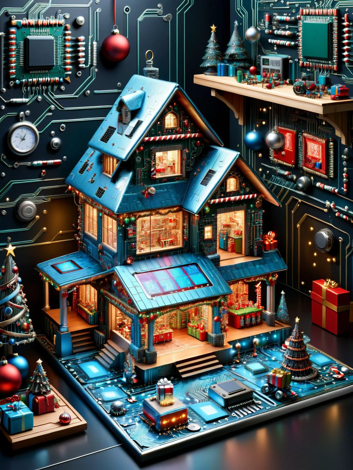 ral-semi-conducteur, A whimsical vision of a ral-semi-conducteur styled Santa's workshop, avec des elfes et des jouets présentant tous des motifs de circuits, prêt pour une livraison de Noël futuriste et imaginative, vibrant, hdr, 