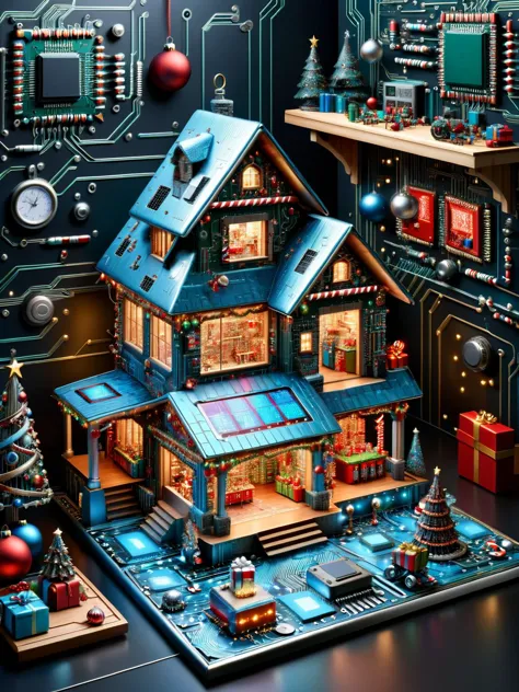 ral-semiconductor, A whimsical vision of a ral-semiconductor styled Santa's workshop, with elves and toys all featuring circuit ...