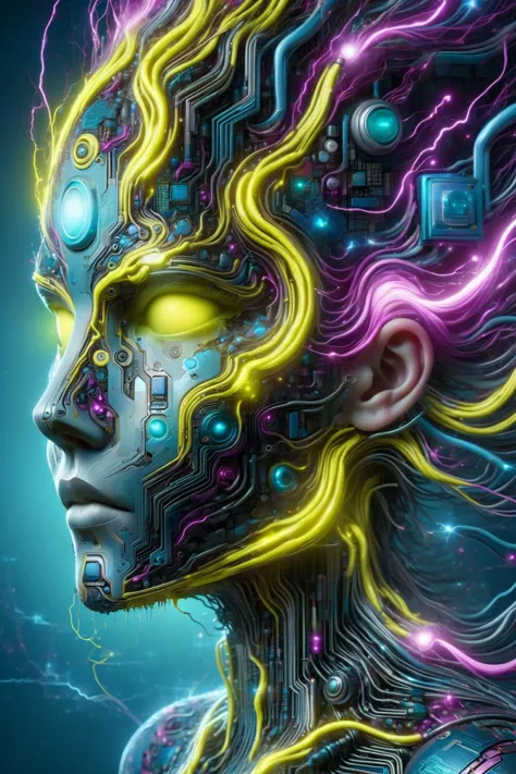 the head of a woman made of ral-semiconductor in the style of aaron horkey, in the style of alphonse mucha DonMW15pXL, neon yellow lightning, neon teal lightning, neon magenta lightning, floating, astral, (masterpiece:1.2), best quality, (hyperdetailed, highest detailed:1.2), high resolution textures