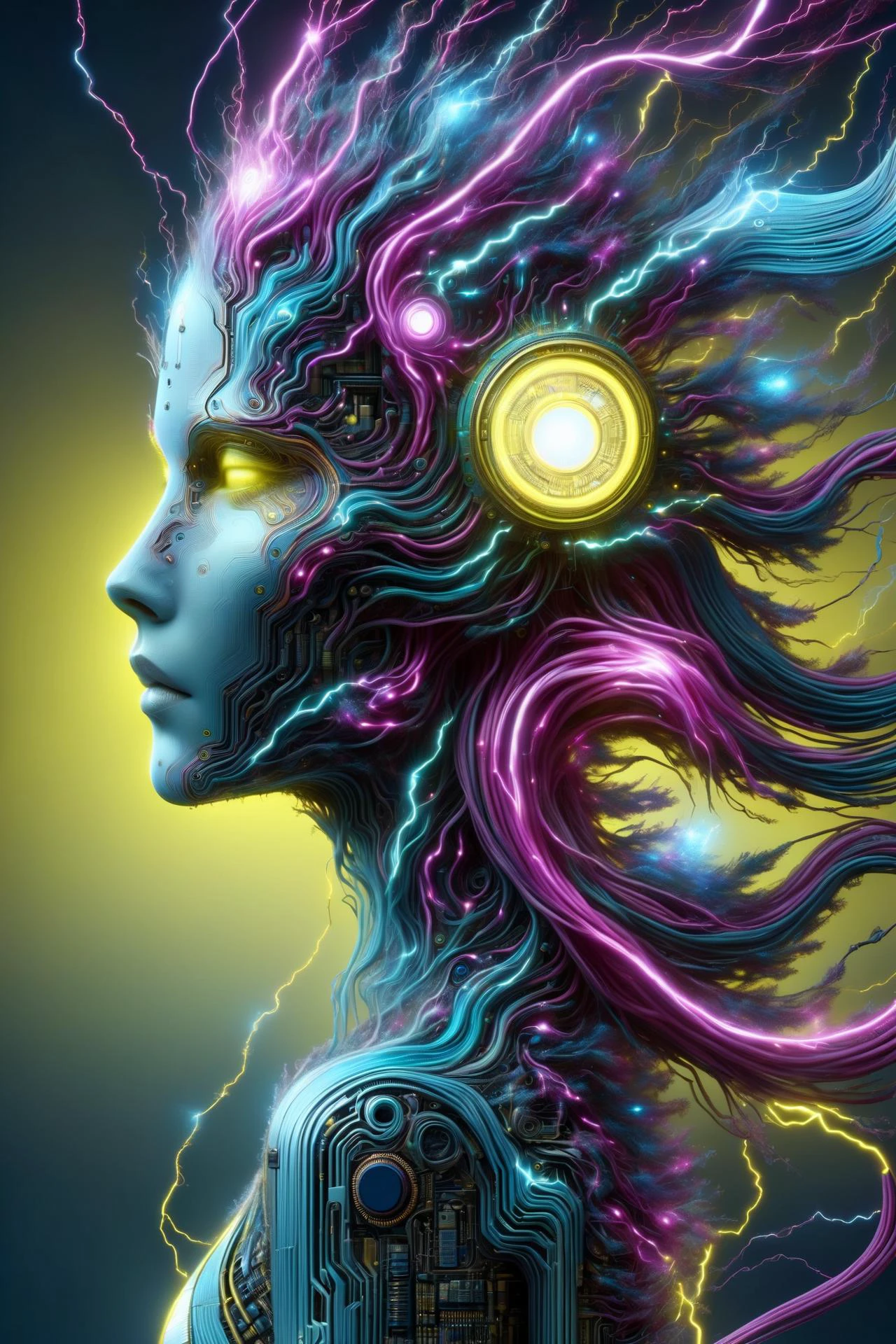 由 ral-semiconductor 製成的亞倫·霍基 (aaron horkey) 風格的女性頭像, 阿爾方斯·穆夏 DonMW15pXL 的風格, 霓虹黃色閃電, 霓虹青色閃電, 霓虹洋紅色閃電, 漂浮的, 星體, (傑作:1.2), 最好的品質, (超詳細, 最詳細的:1.2), 高解析度紋理