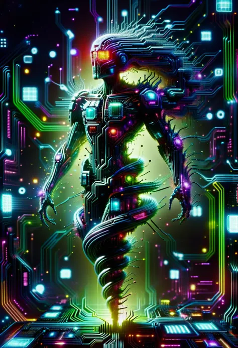 a man in a futuristic suit standing on a circuit board