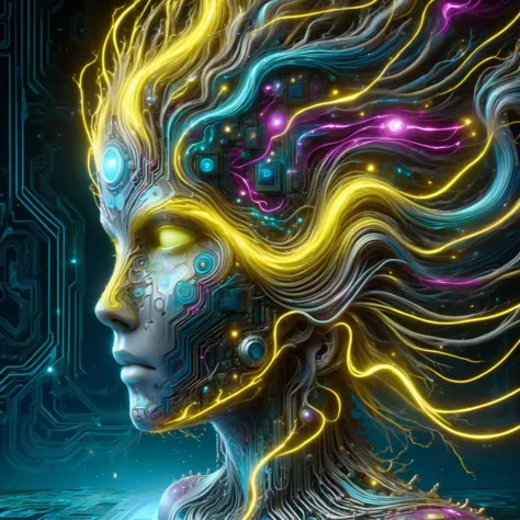 the head of a woman made of ral-semiconductor in the style of aaron horkey, in the style of alphonse mucha <lora:DonMW15pXL-000008:1> DonMW15pXL, neon yellow lightning, neon teal lightning, neon magenta lightning, floating, astral, <lora:ral-semiconductor-sdxl:0.6> <lora:EnvyBetterHiresFixXL01:1>, (masterpiece:1.2), best quality, (hyperdetailed, highest detailed:1.2), high resolution textures