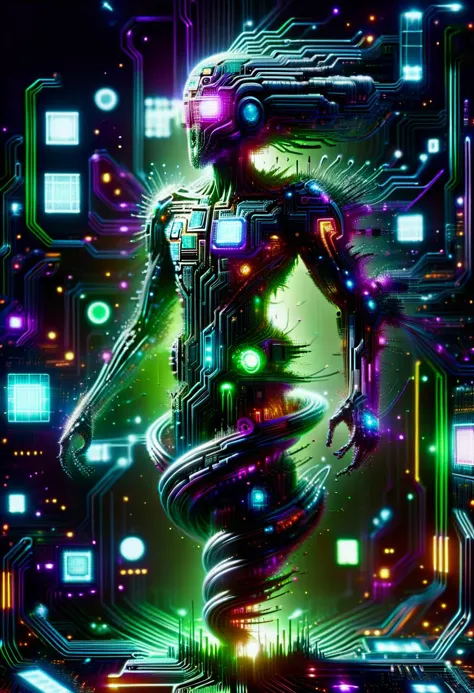 a man in a futuristic suit with glowing lights and a circuit