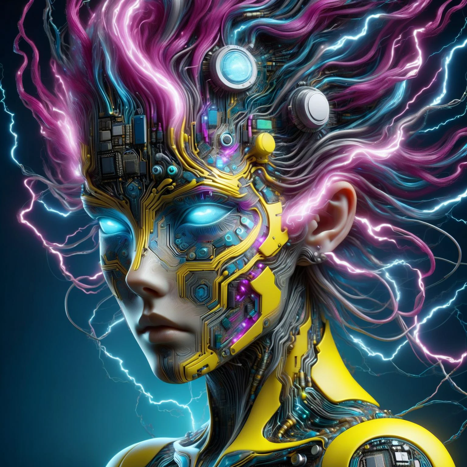 голова женщины из рал-полупроводника в стиле Аарона Хорки, в стиле Альфонса Мухи DonMW15pXL, неоново-желтая молния, неоново-бирюзовая молния, неоново-пурпурная молния, Плавающий, астральный, (шедевр:1.2), Лучшее качество, (гипердетализированный, максимально подробный:1.2), текстуры высокого разрешения