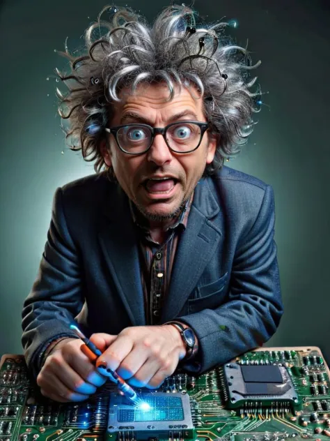 a short man with big glasses, crazy professor hair, sitting on a board of ral-semiconductor, looking stupid with crazy face expr...