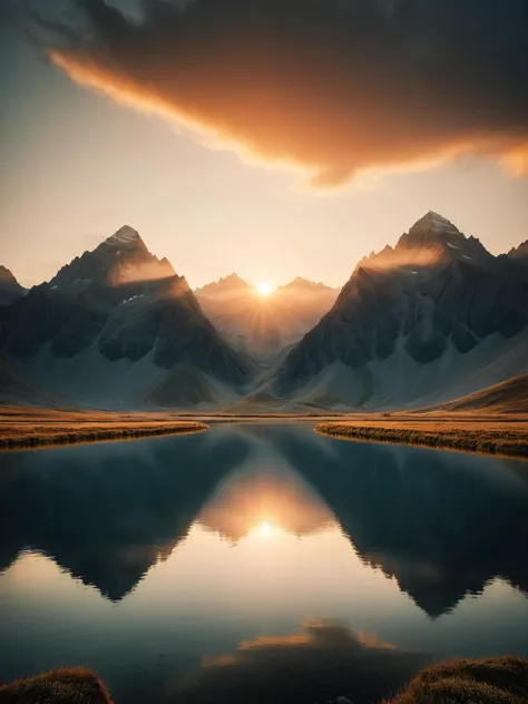 <lora:ral-symetrical-sdxl:1>, <lora:EnvyBetterHiresFixXL01:0:hr=1> A majestic ral-symmetrical mountain landscape at dawn, where ...