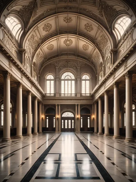 <lora:ral-symetrical-sdxl:1>, <lora:EnvyBetterHiresFixXL01:0:hr=1> A ral-symmetrical interior of a grand historic hall, where co...