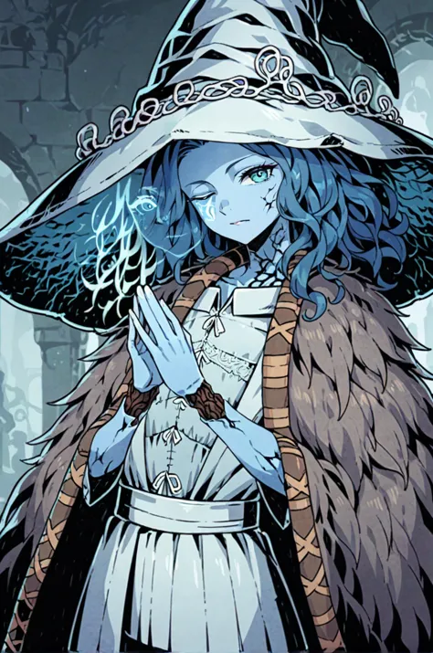 witch with blue hair and a large hat holding a wand