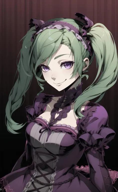 hires,8k,effect,high detail,effect background,(perfect lighting),evil smile,
1girl,green hair,twintails,(unlight:1.3),ink art,(purple gothic dress:1.1),hairband,
<lora:GoodHands-vanilla:1.2> <lora:Unlight:1>