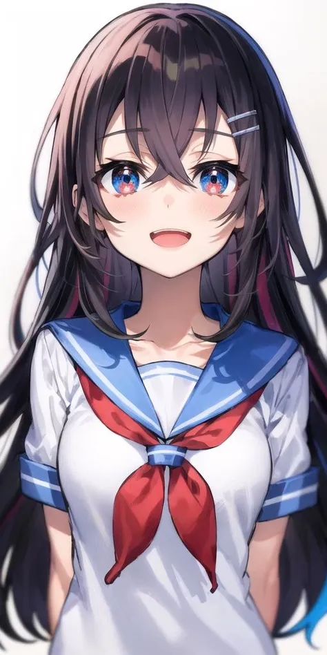 a close up of a woman with long hair wearing a sailor outfit