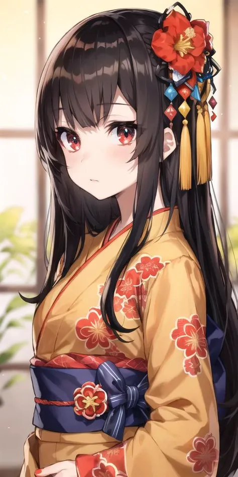 a woman in a kimono outfit with a flower in her hair