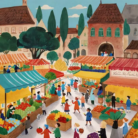 painting of a market with people shopping and selling vegetables