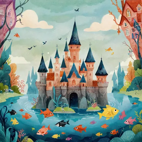 a painting of a castle surrounded by water and fish