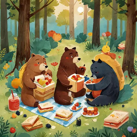 there are three bears eating food in the woods together