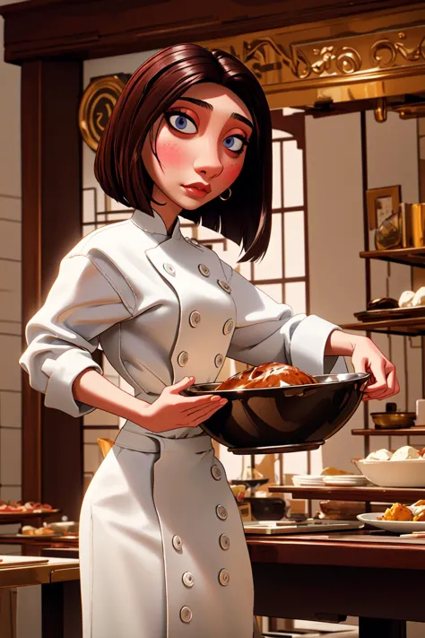 cartoon woman in a white dress holding a bowl of food