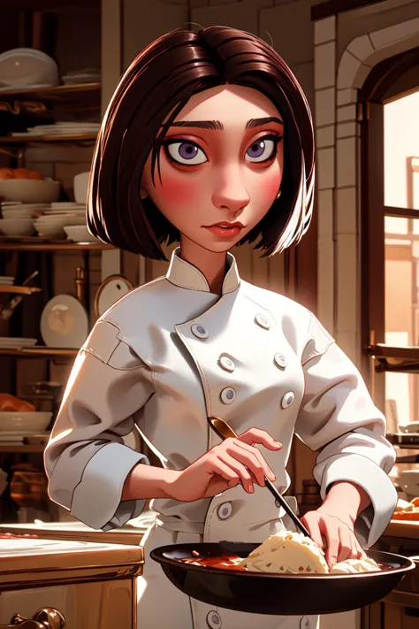 cartoon girl in a kitchen preparing food with a skillet