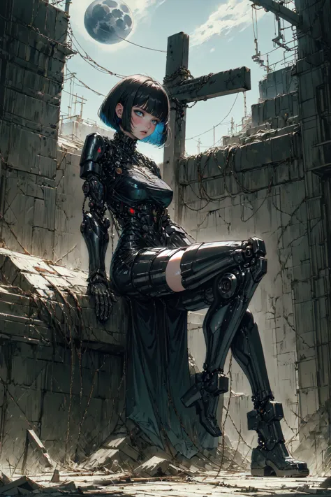 (masterpiece, best quality, detailed, aesthetic, vibrant colors, moonlight), surreal, (fantastical), (moody), (solo), full body, (woman), robot, biomechanical limbs, (cybernetic parts), blouse, miniskirt, bob cut, blunt bangs, xuer the cross <lora:~Q?-SA[Wg xuer the cross:0.7>