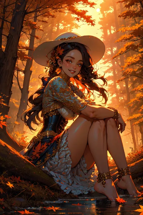 (masterpiece, best quality, detailed, intricate, vibrant colors), (solo), (woman), frilled dress, corset, mischievous, smiling, looking at viewer, hugging own legs, outdoors, autumn, nature, trees, sunset, hat, falling leaves, autumn colors, jellyfishforest, <lora:hugging_own_legs_v0.3:0.4> <lora:JellyfishForest:0.8>